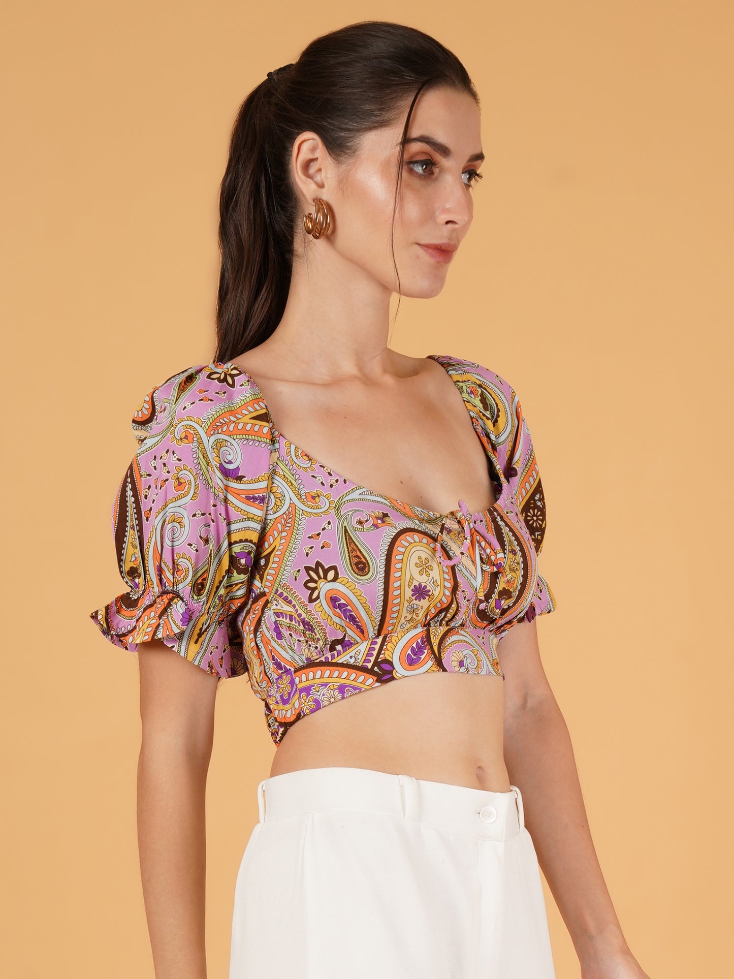 Women Pink & Brown Printed Tie-Up Puff Sleeves Crop Top