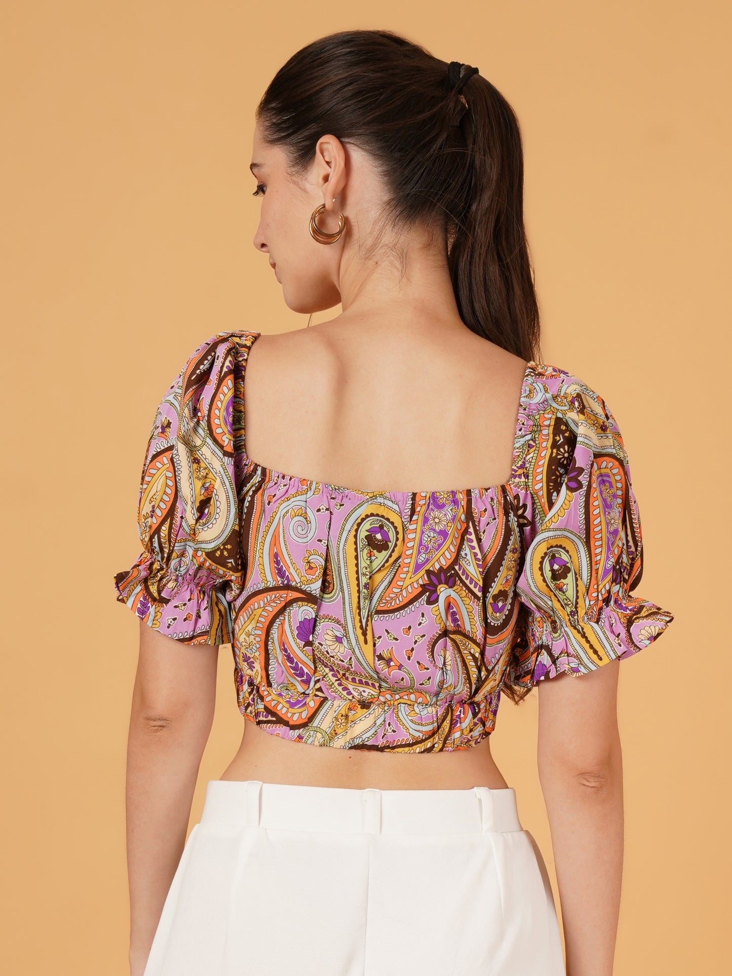 Women Pink & Brown Printed Tie-Up Puff Sleeves Crop Top