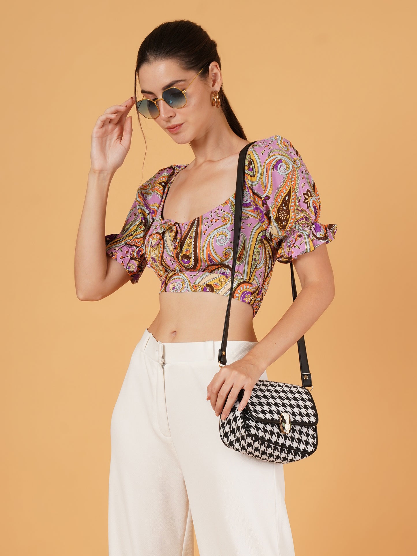 Women Pink & Brown Printed Tie-Up Puff Sleeves Crop Top