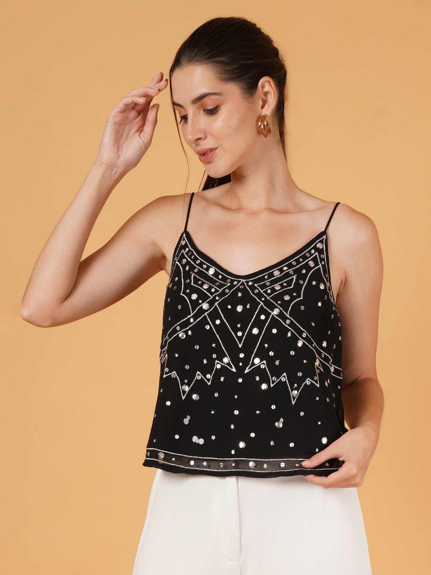 Women Black Sequinned Sleeveless Party Wear Crop Top