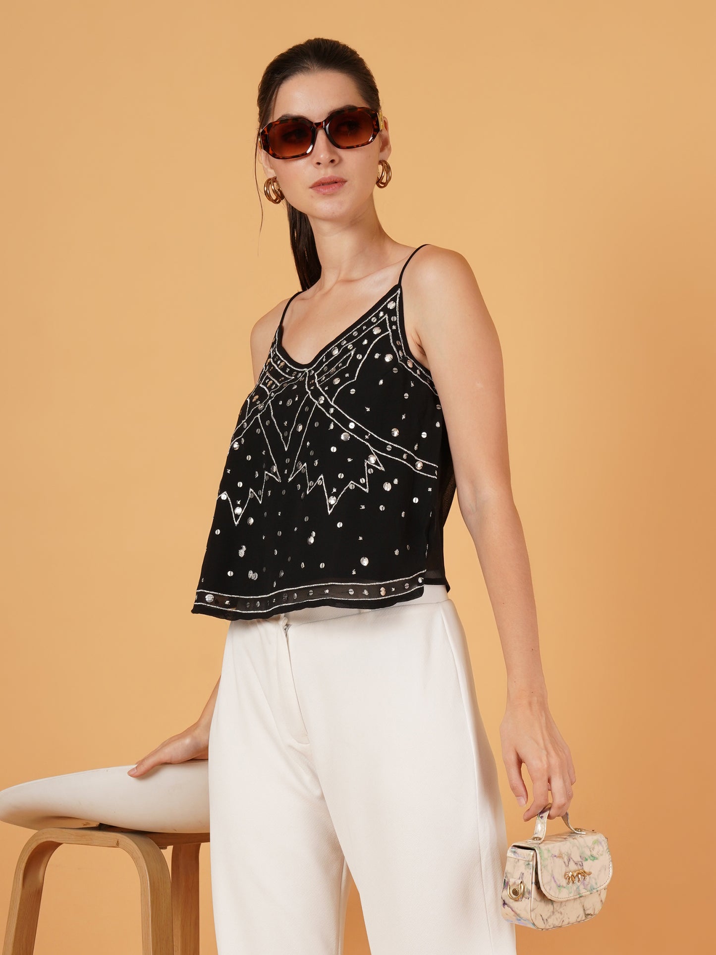 Women Black Sequinned Sleeveless Party Wear Crop Top