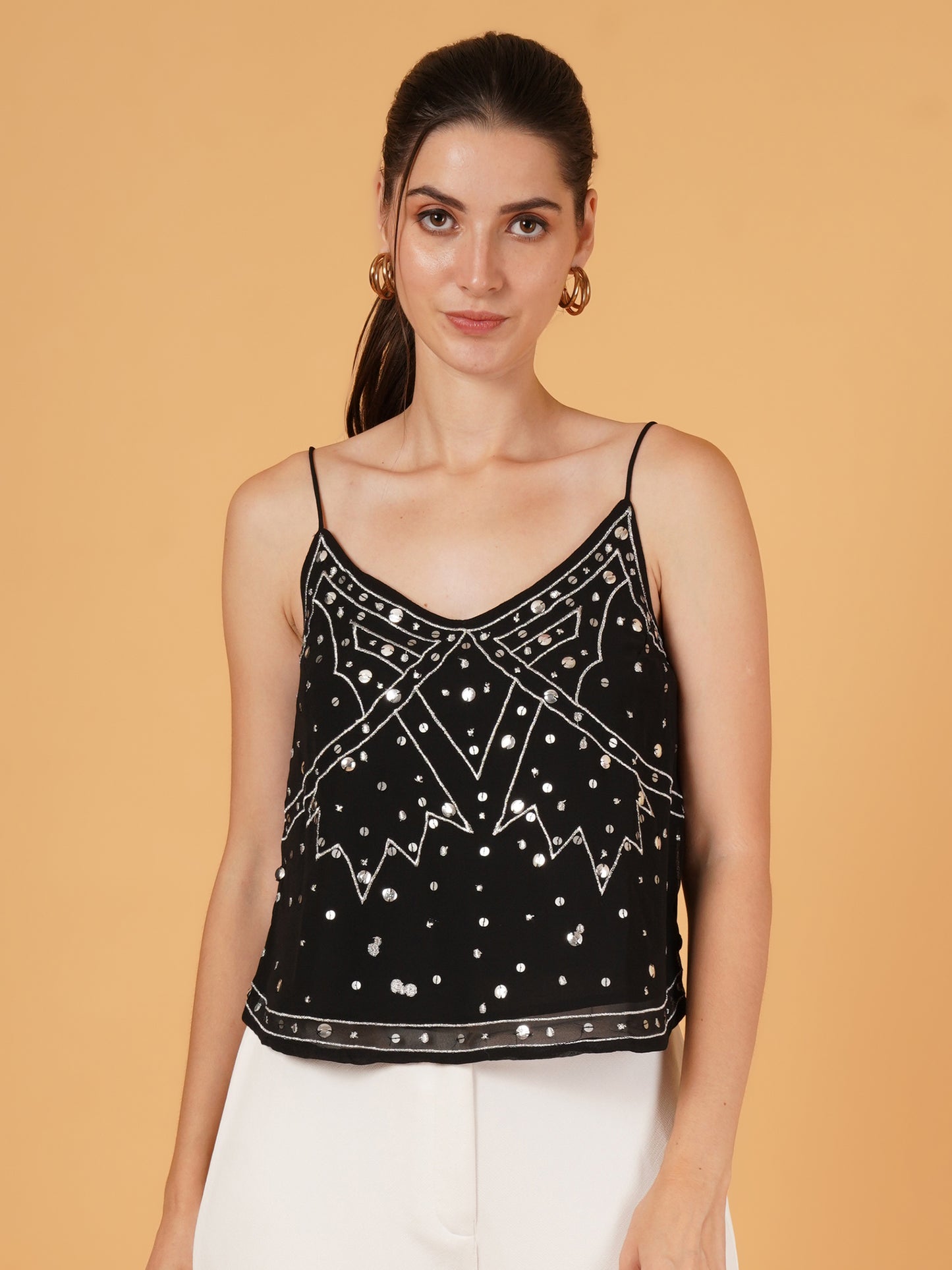 Women Black Sequinned Sleeveless Party Wear Crop Top