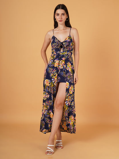 Women Navy Blue & Green Leaf Print Jumpsuit