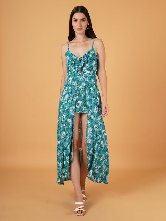 Women Navy Green & White Leaf Print Jumpsuit