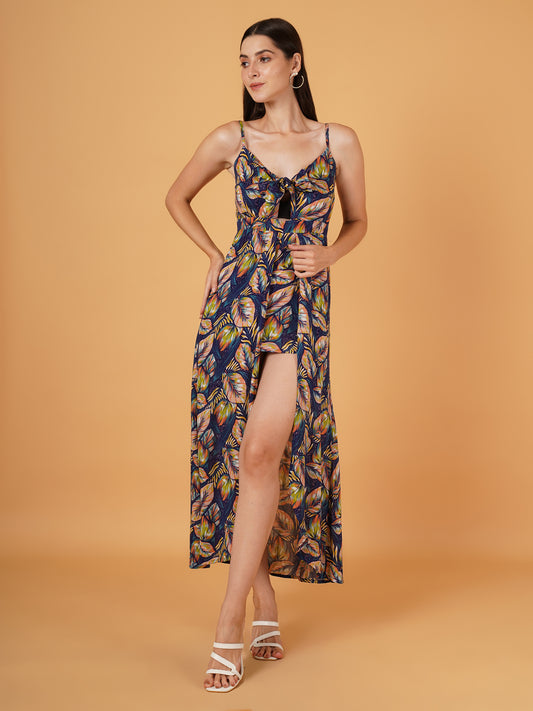 Women Navy Blue & Pink Leaf Print Jumpsuit