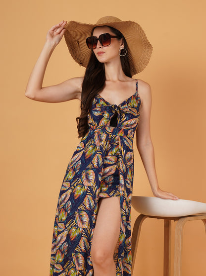 Women Navy Blue & Pink Leaf Print Jumpsuit