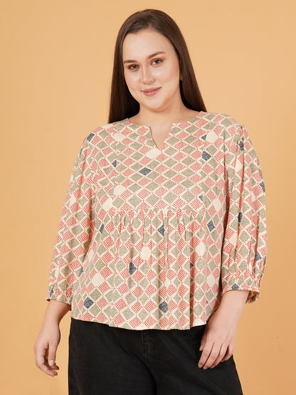 Women Pink & White Plus Size Geometric Gathered Puff Sleeves Top