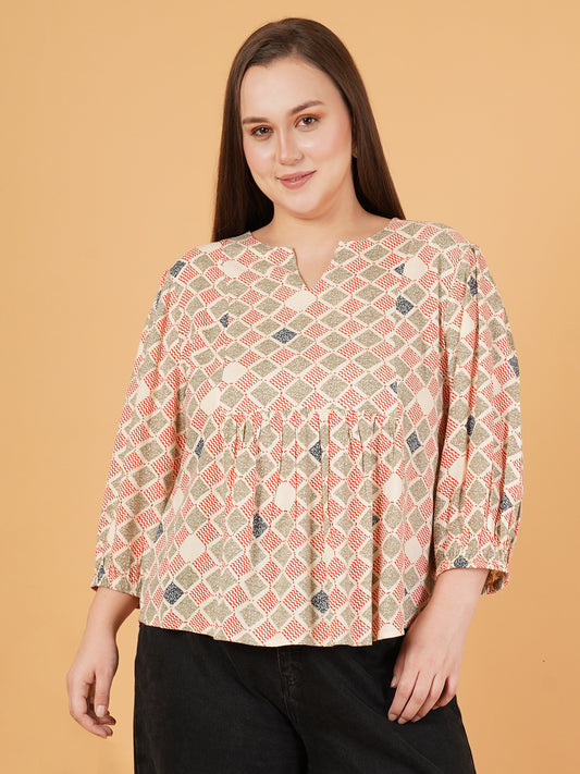 Women Pink & White Plus Size Geometric Gathered Puff Sleeves Top