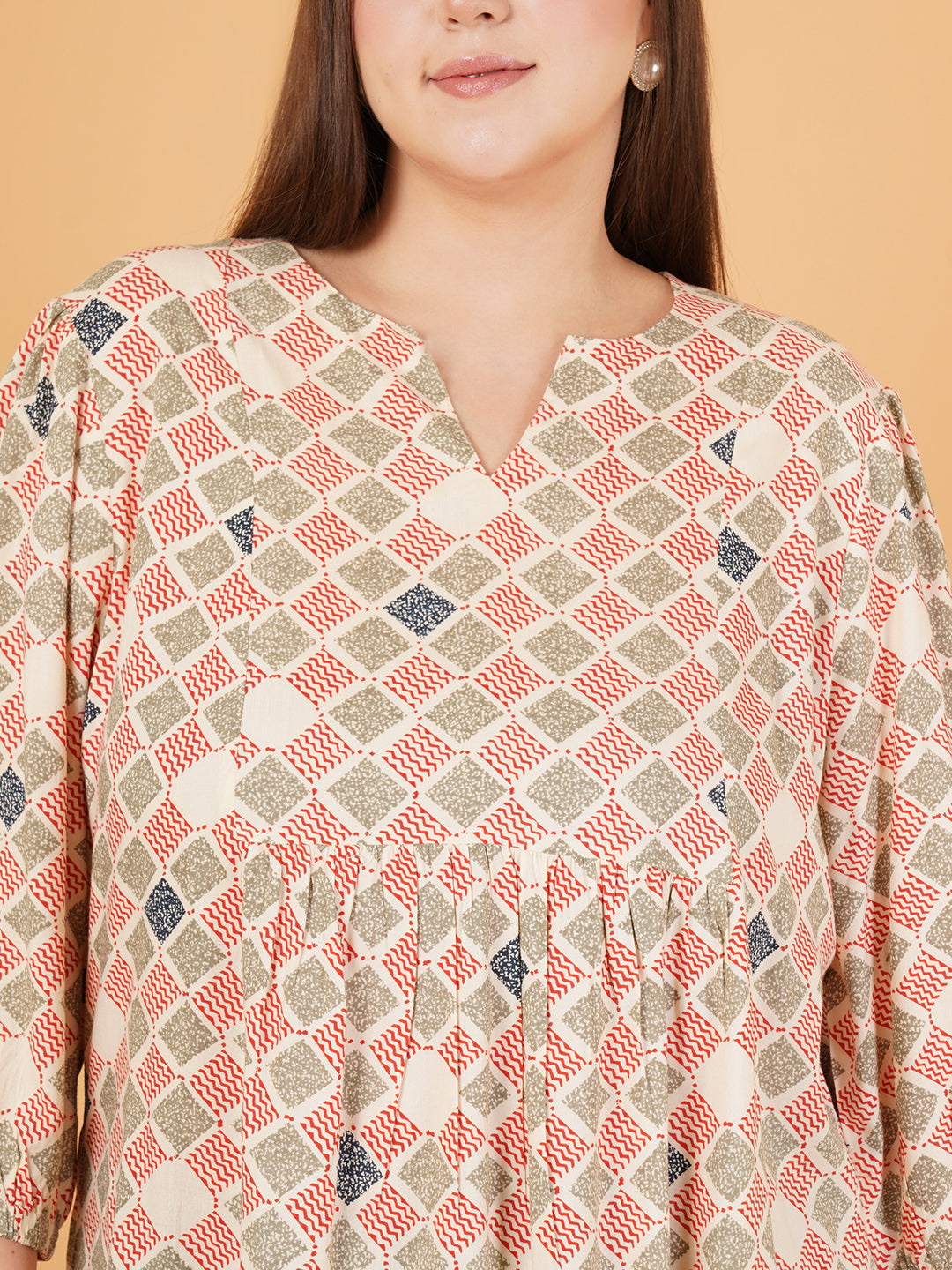 Women Pink & White Plus Size Geometric Gathered Puff Sleeves Top