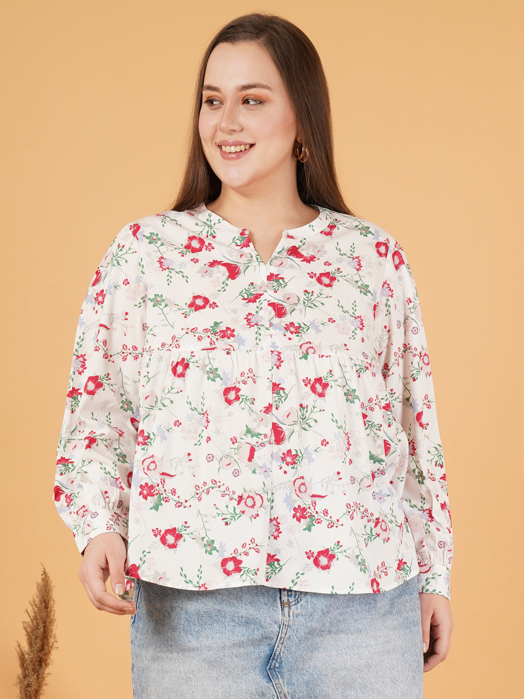 Women Red & Green Plus Size Floral Print Gathered Cuffed Sleeves Top