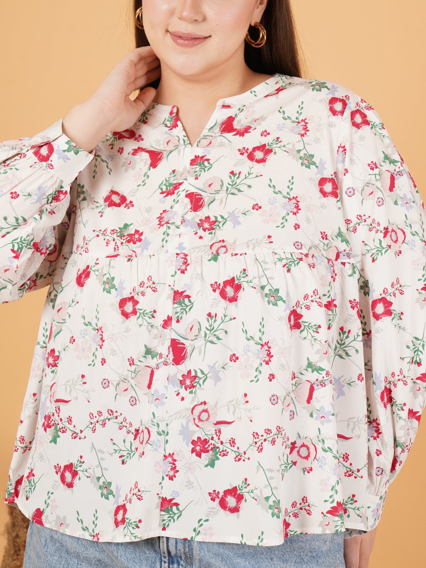 Women Red & Green Plus Size Floral Print Gathered Cuffed Sleeves Top