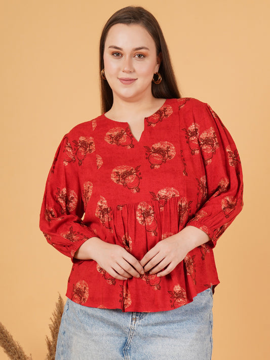 Women Red Printed Plus Size Gathered Puff Sleeves Top