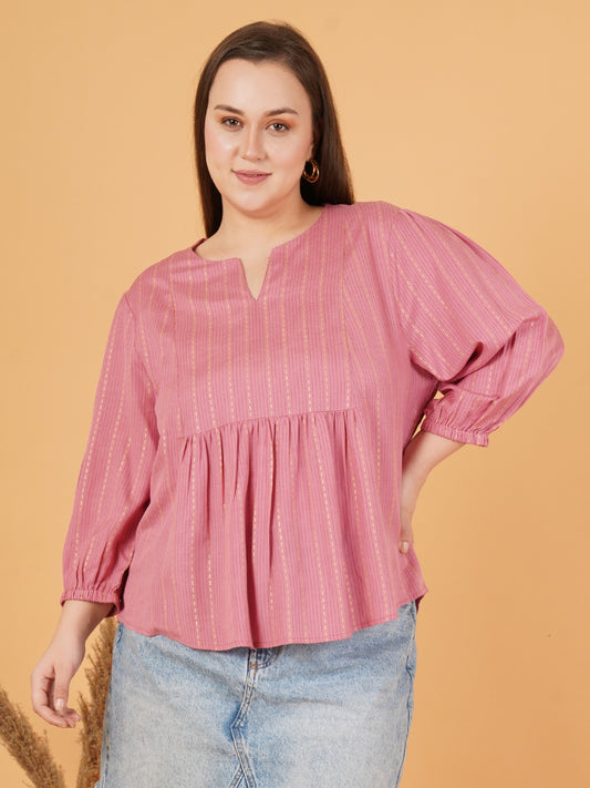 Women Pink Striped Plus Size Gathered Puff Sleeves Top