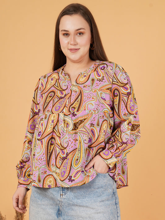 Women Brown & Pink Paisley Print Plus Size Gathered Cuffed Sleeves Top