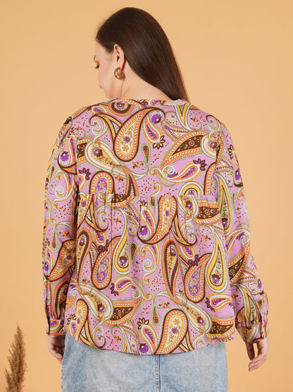 Women Brown & Pink Paisley Print Plus Size Gathered Cuffed Sleeves Top