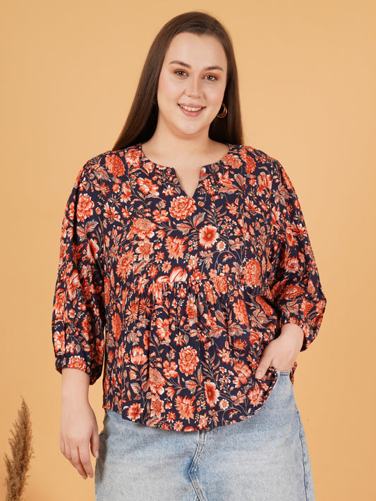 Women Navy Blue & Maroon Floral Print Plus Size Gathered Puff Sleeves Top