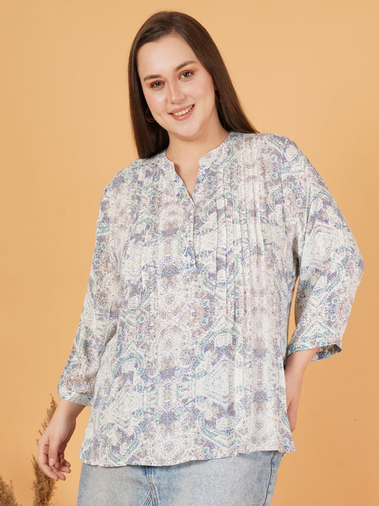 Women Blue & White Pintuck Printed Puff Sleeves Plus Size Top