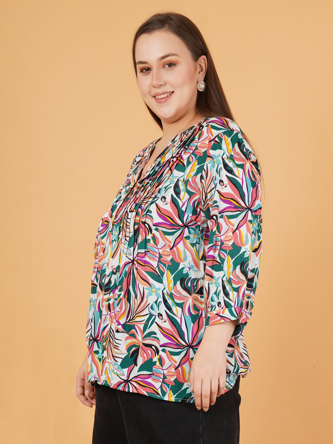 Women Pink & Green Pintuck Floral Print Puff Sleeves Plus Size Top