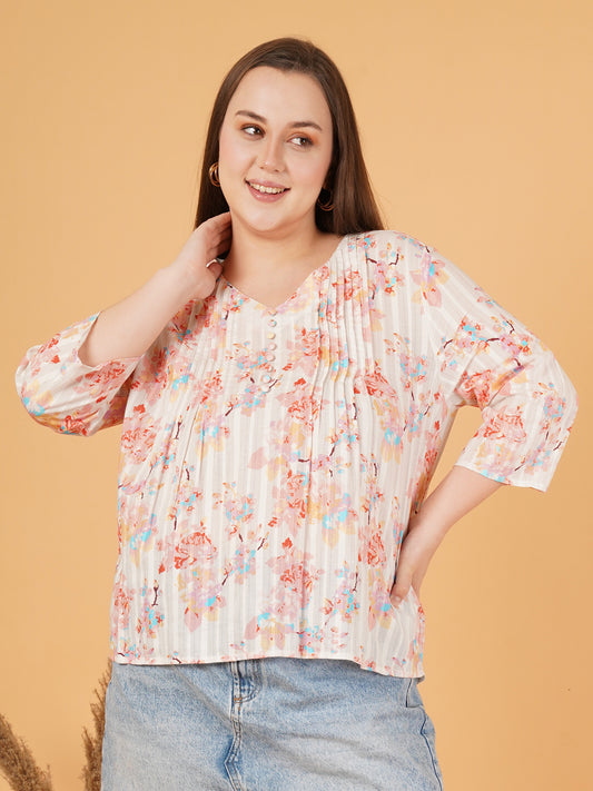 Women Pink & White Floral Print Pintuck Bell Sleeves V-Neck Plus Size Top