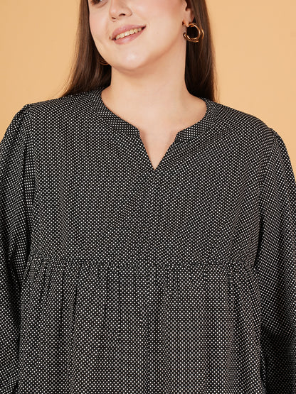 Women Black & White Polka Dot Print Cuffed Sleeves Plus Size Top