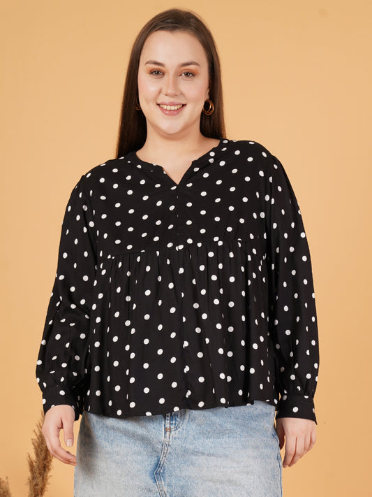 Women Black & White Polka Dot Print Cuffed Sleeves Gathered Plus Size Top