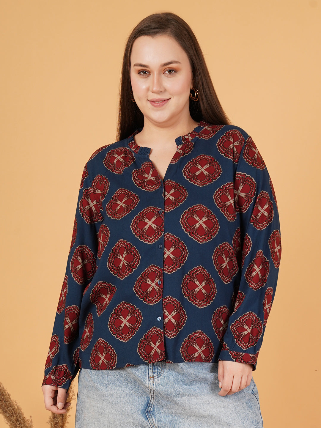 Women Navy Blue & Maroon Printed Cuffed Sleeves Shirt Style Top