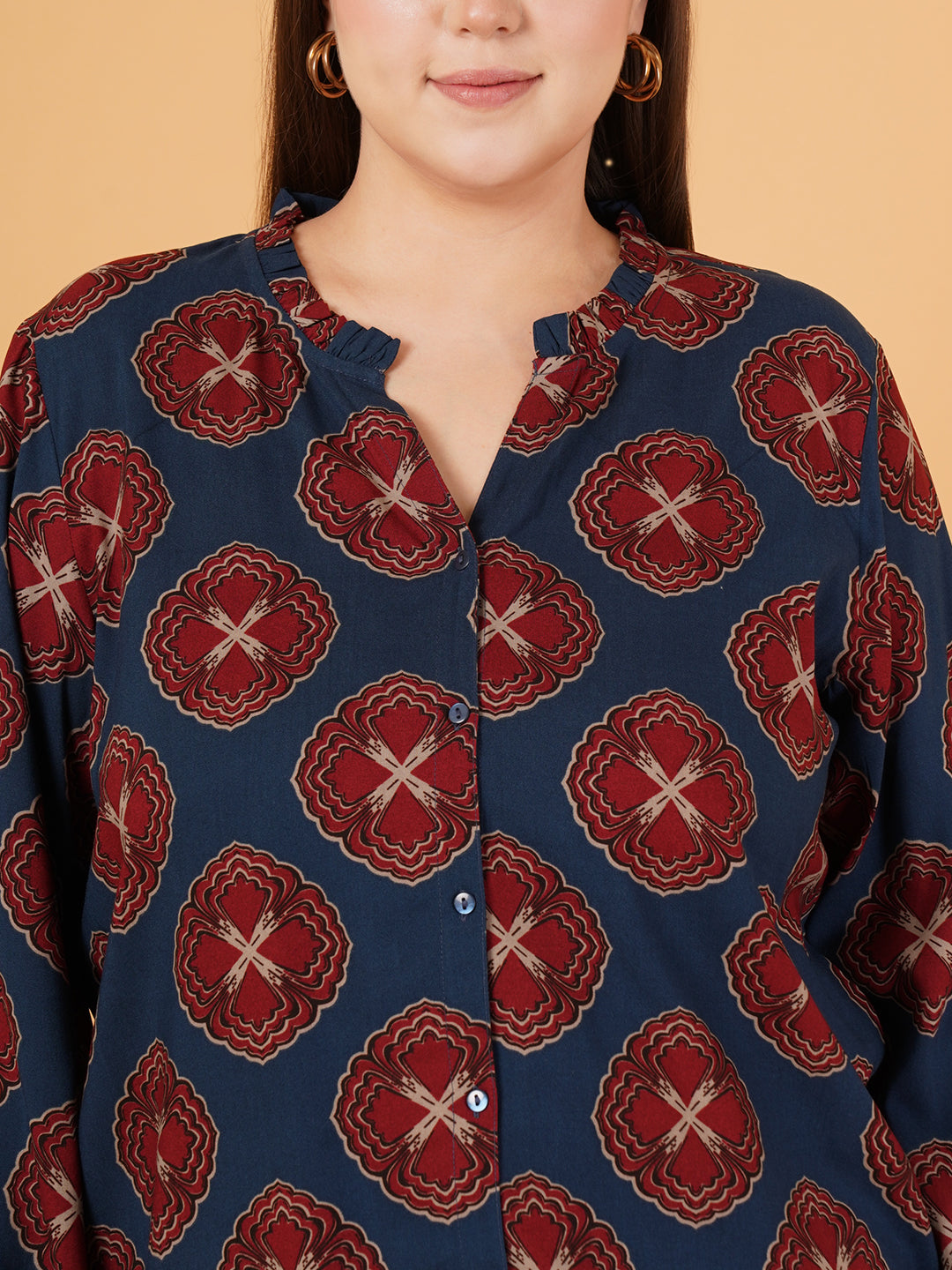 Women Navy Blue & Maroon Printed Cuffed Sleeves Shirt Style Top