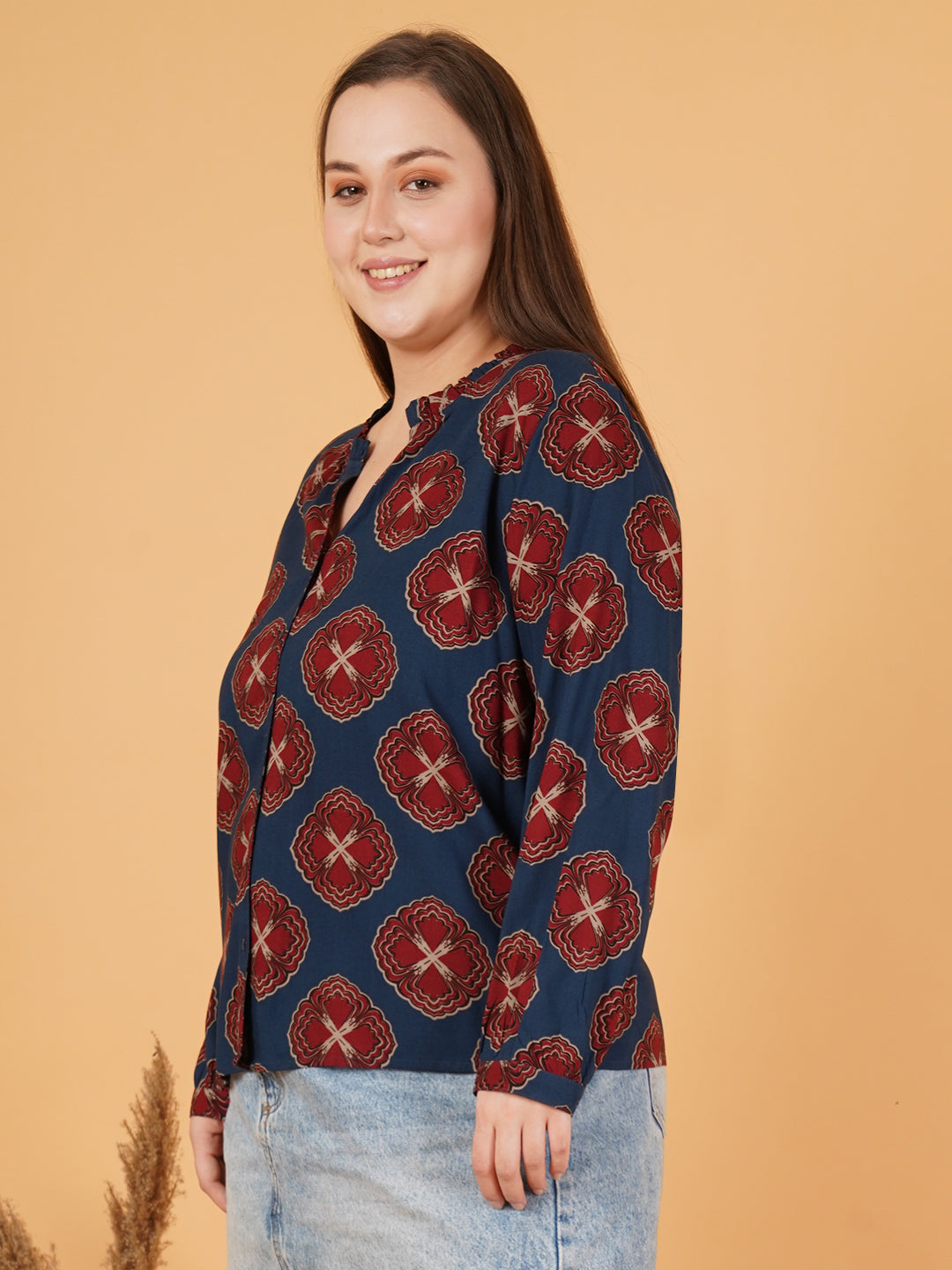 Women Navy Blue & Maroon Printed Cuffed Sleeves Shirt Style Top