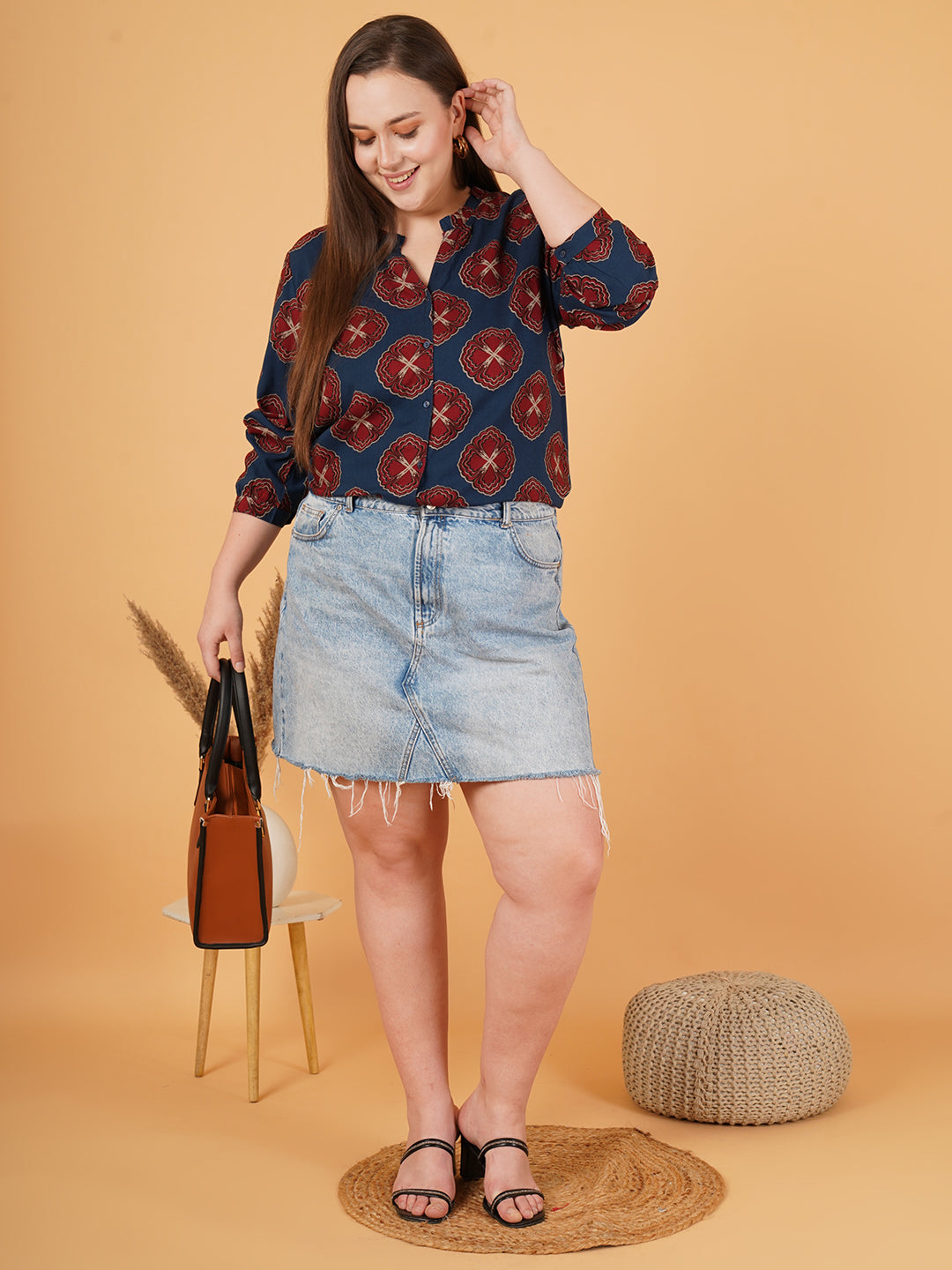 Women Navy Blue & Maroon Printed Cuffed Sleeves Shirt Style Top