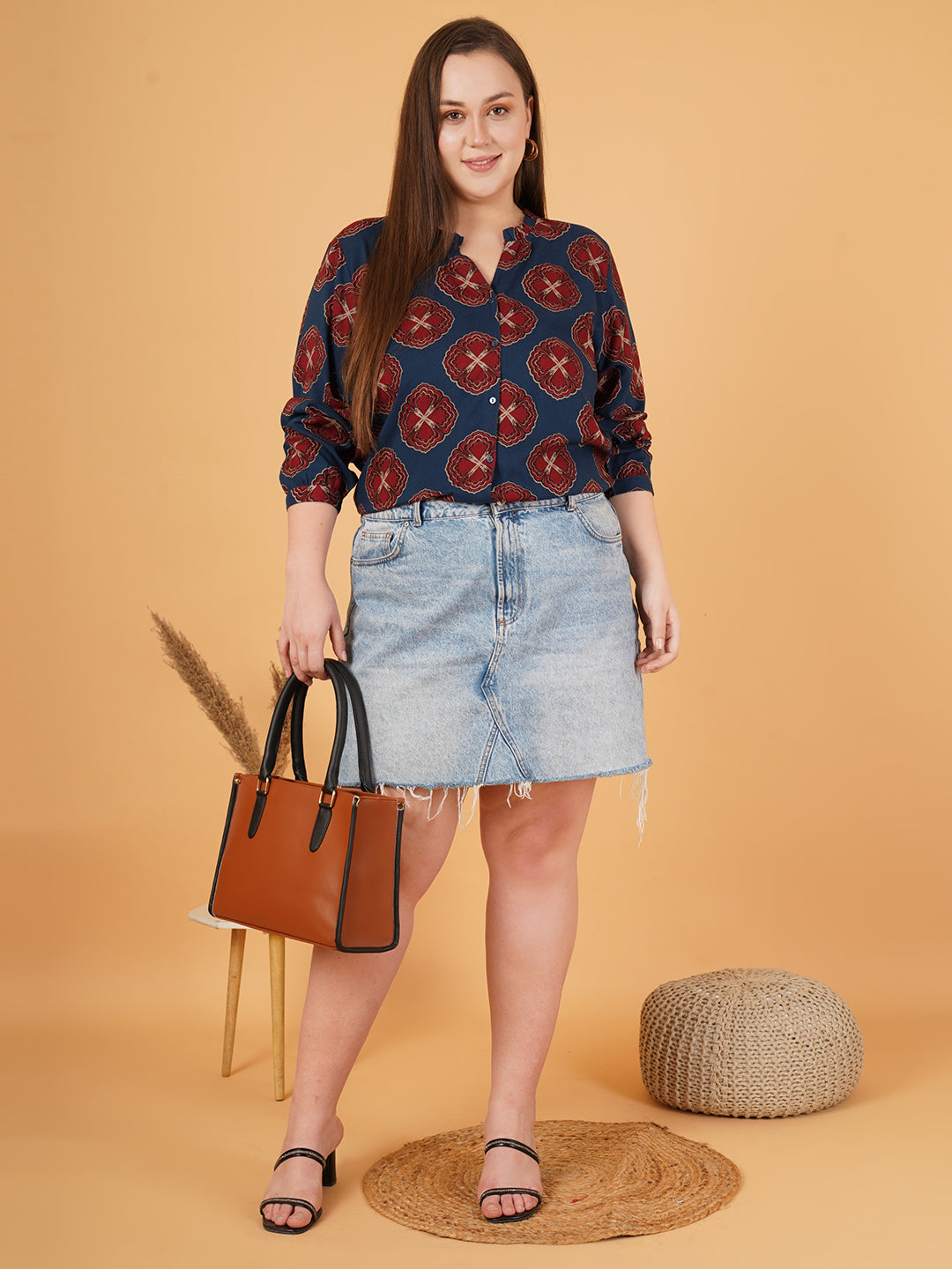 Women Navy Blue & Maroon Printed Cuffed Sleeves Shirt Style Top