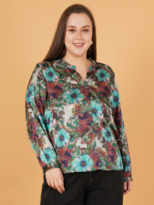 Women Green & Maroon Floral Print Cuffed Sleeves Shirt Style Top