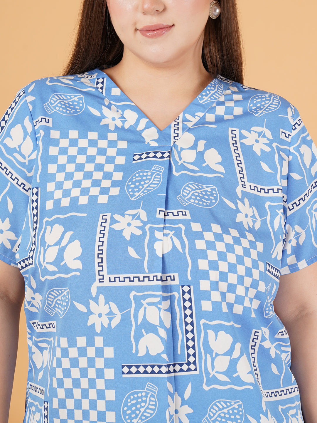 Women Light Blue & White Printed Flutter Sleeves V-Neck Top