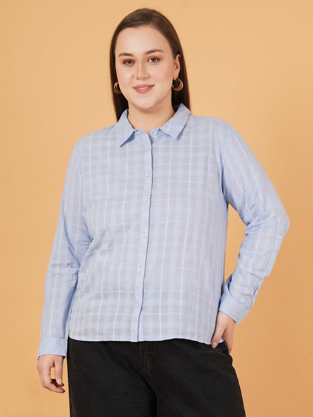 Women Blue & White Checked Collared Shirt Style Top