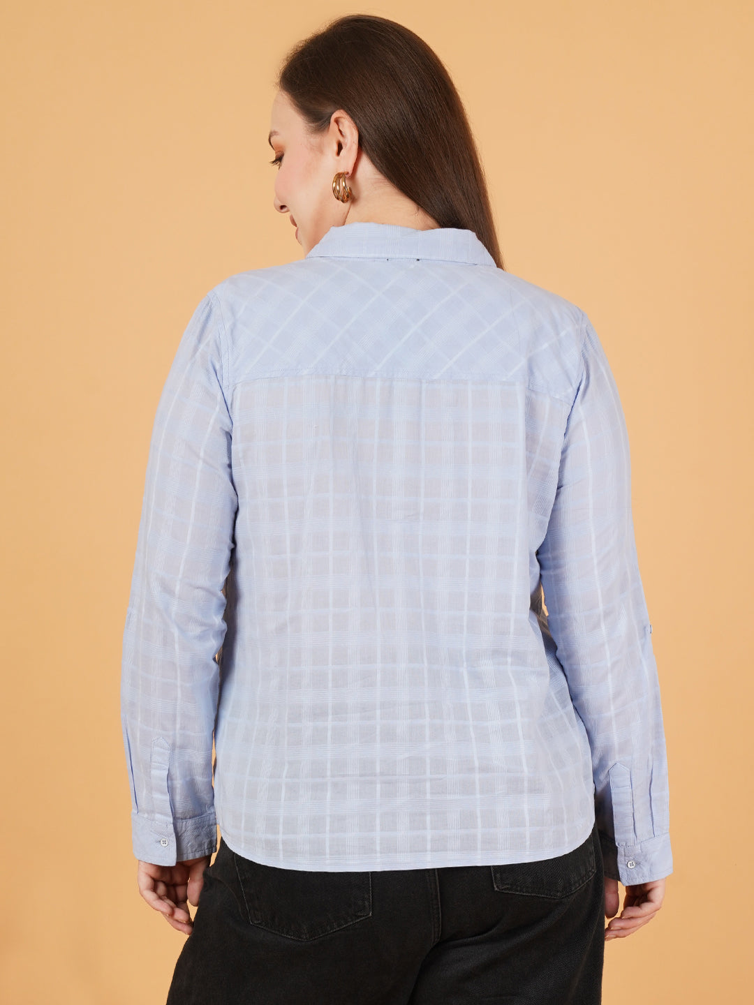 Women Blue & White Checked Collared Shirt Style Top