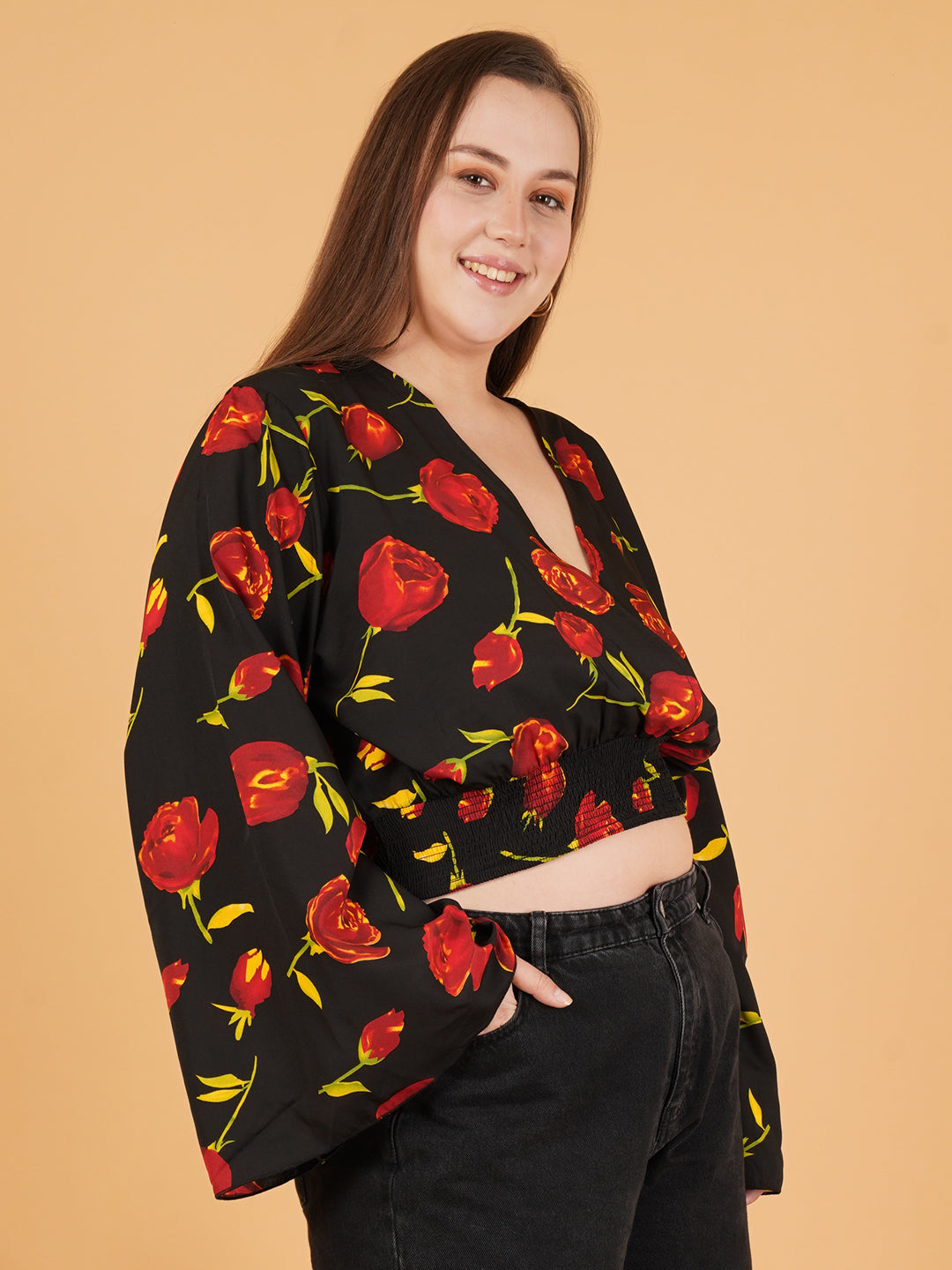 Women Black & Red Floral Print V-Neck Smocked Crop Top