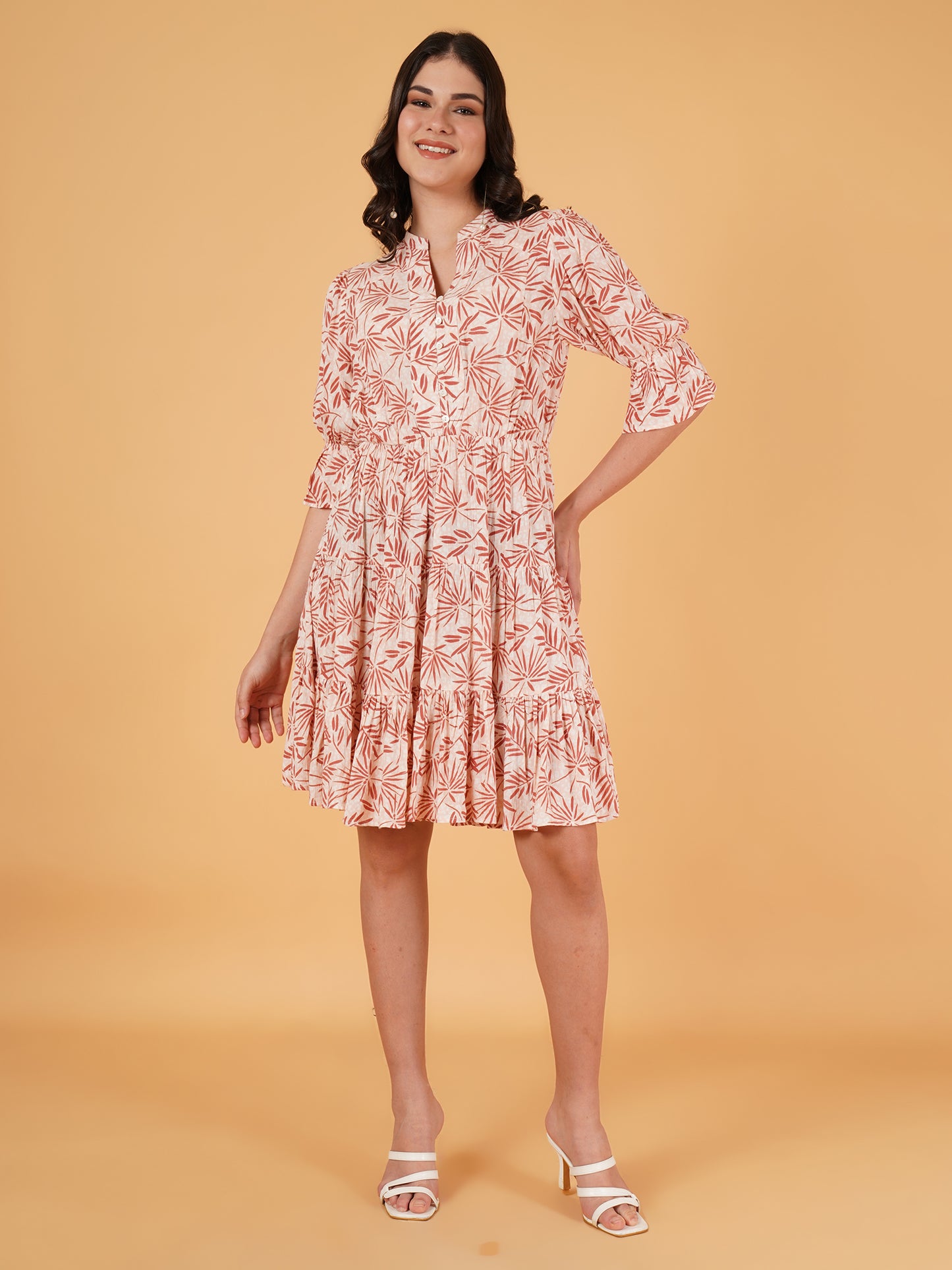 Women Brown & White Leaf Print Gathered Mandarin Collar Fit & Flare Dress