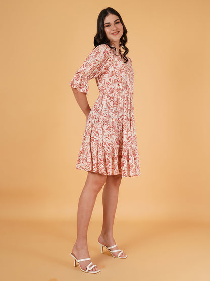 Women Brown & White Leaf Print Gathered Mandarin Collar Fit & Flare Dress