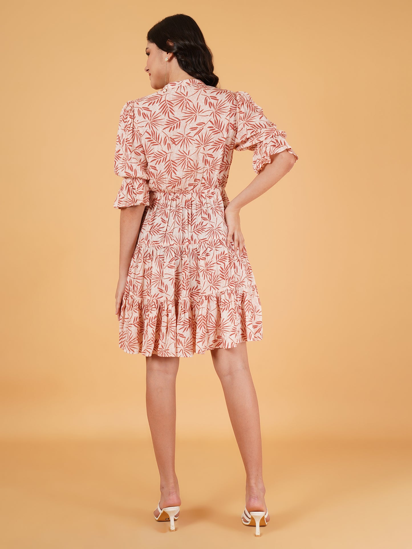 Women Brown & White Leaf Print Gathered Mandarin Collar Fit & Flare Dress