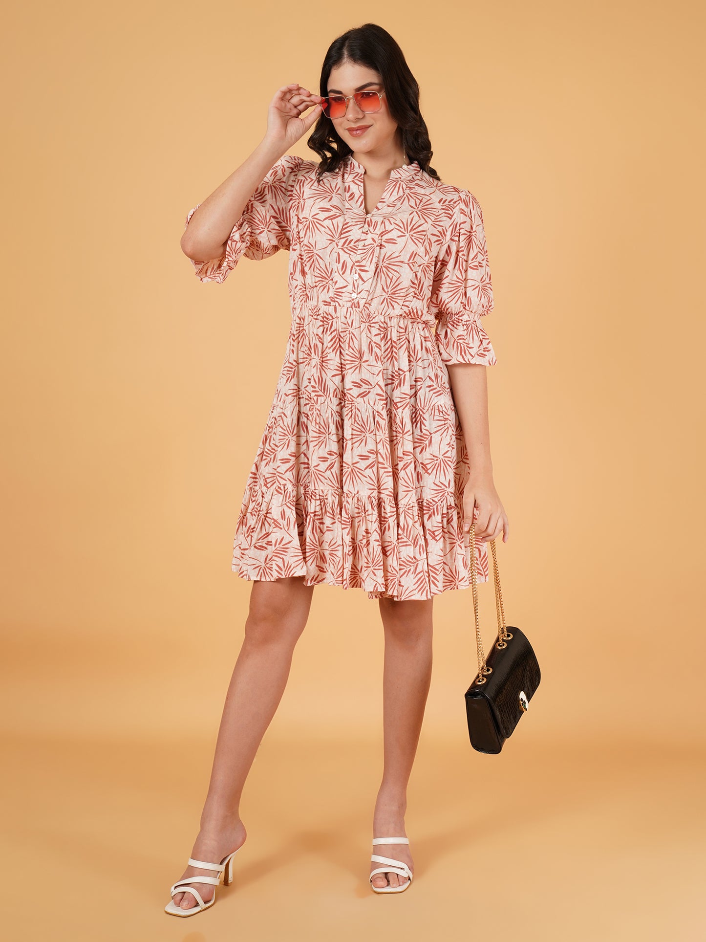 Women Brown & White Leaf Print Gathered Mandarin Collar Fit & Flare Dress