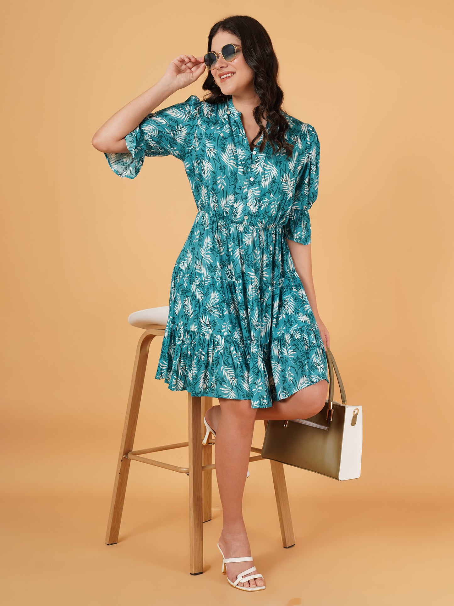 Women Green & White Leaf Print Gathered Mandarin Collar Fit & Flare Dress