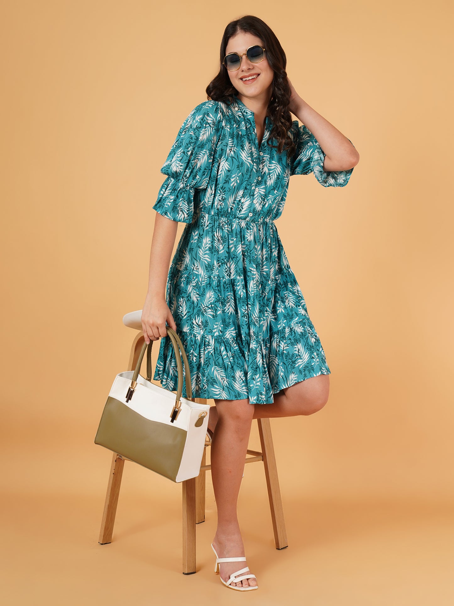 Women Green & White Leaf Print Gathered Mandarin Collar Fit & Flare Dress