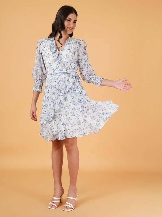 Women Floral Print Ruffle Detail Smocked Three-Quarter Sleeves Fit & Flare Midi Dress