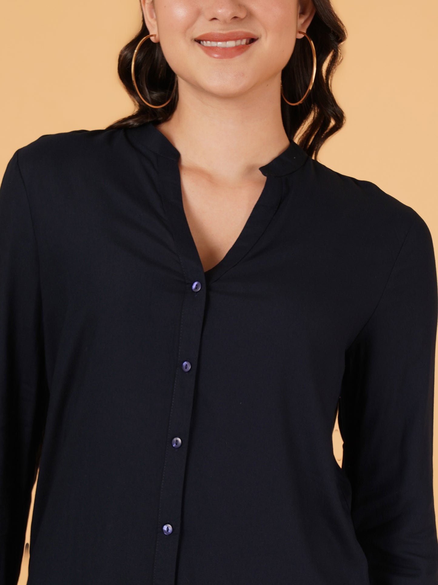 Women Black Solid Mandarin Collar Oversized Top