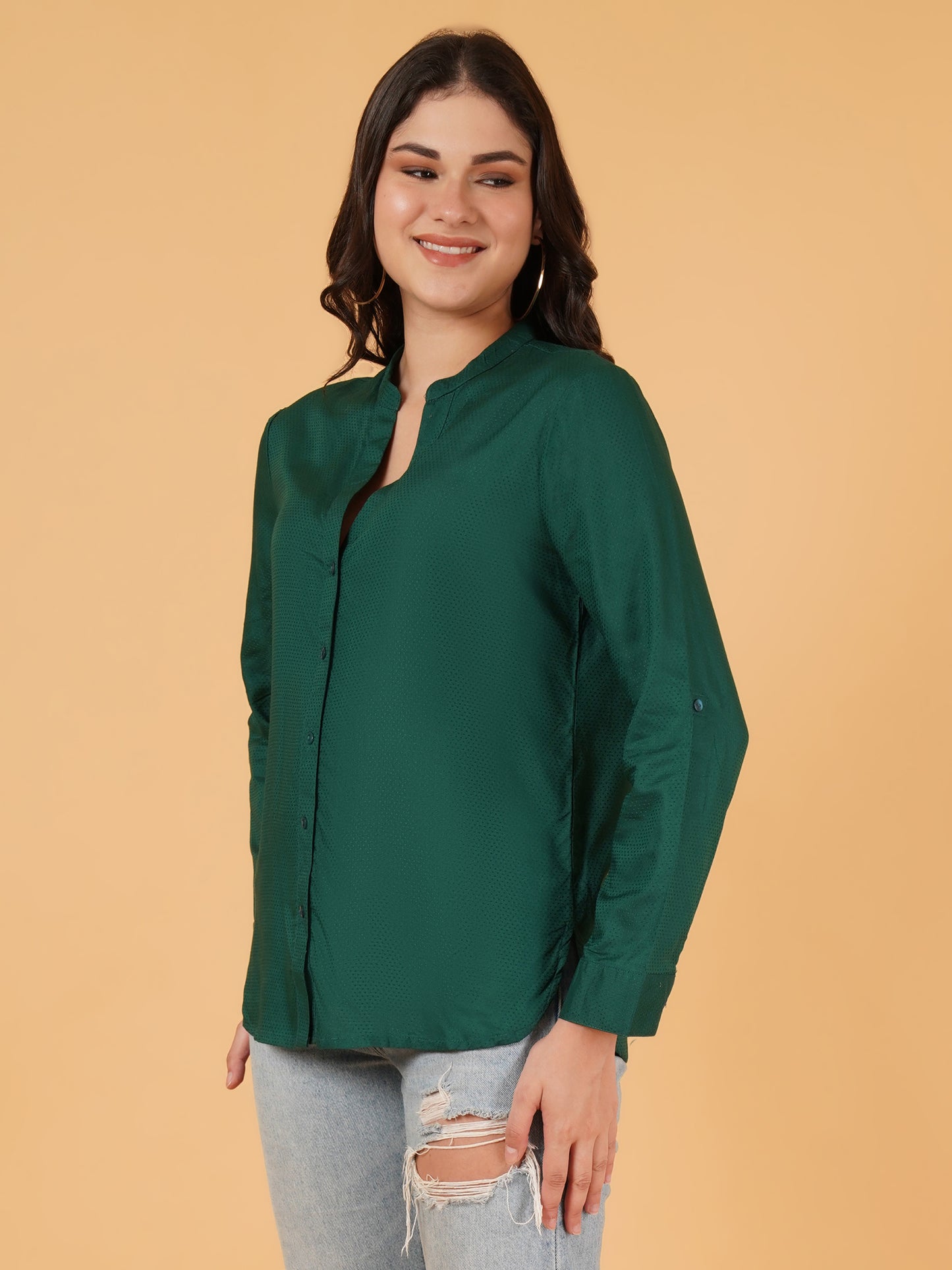 Women Dark Green Dobby Print Mandarin Collar Oversized Top