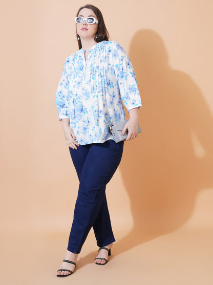 Women White & Blue Floral Print Pintuck Plus Size Top