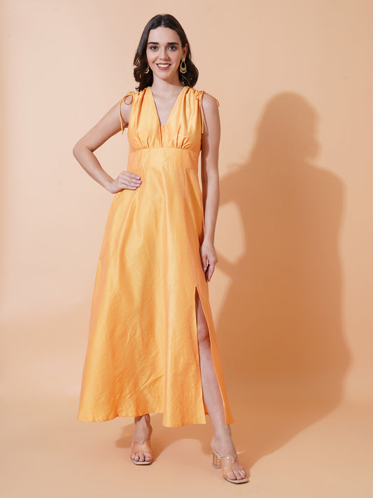 Women Yellow Solid Shoulder Ties V-Neck Dress