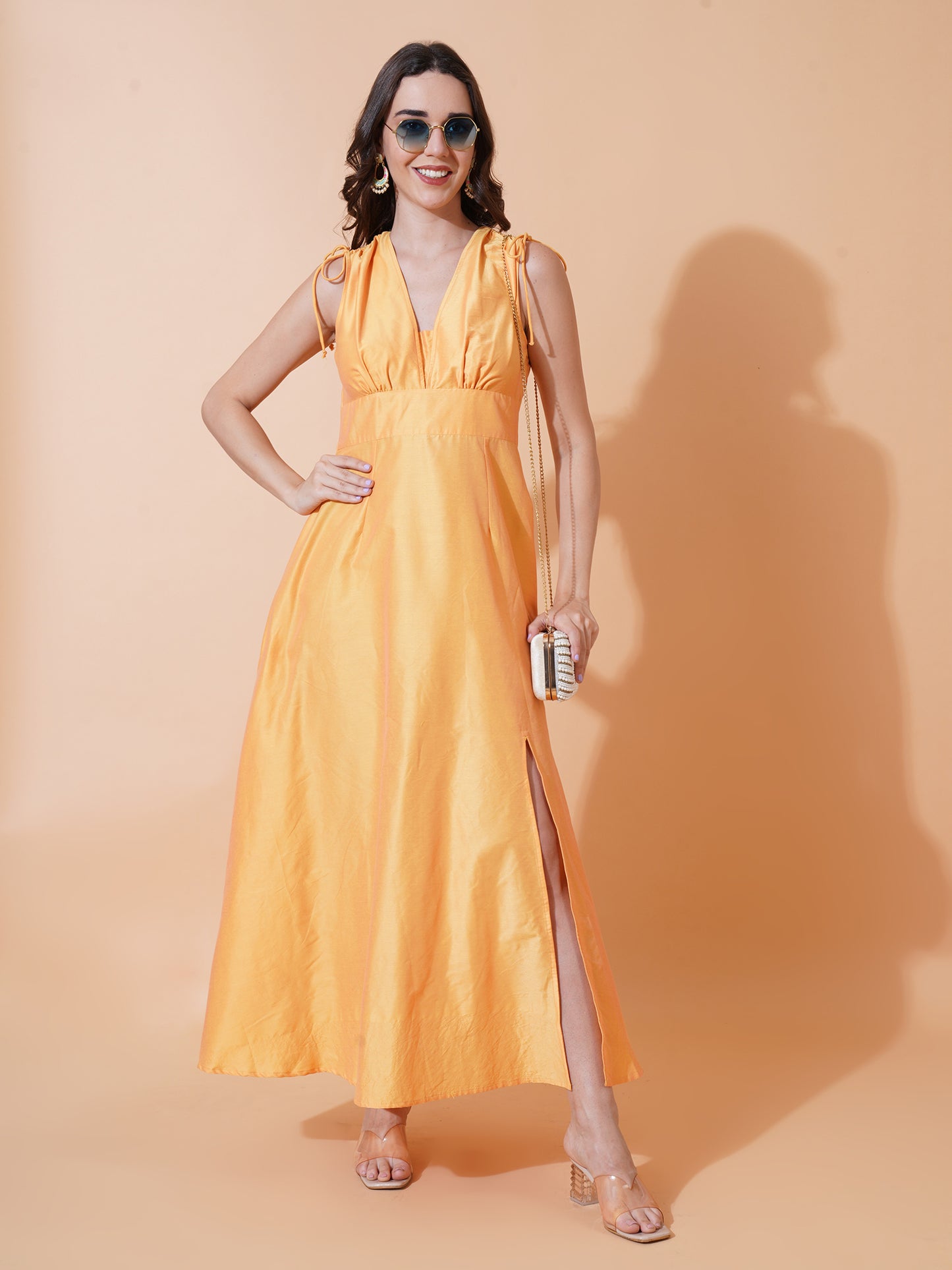 Women Yellow Solid Shoulder Ties V-Neck Dress