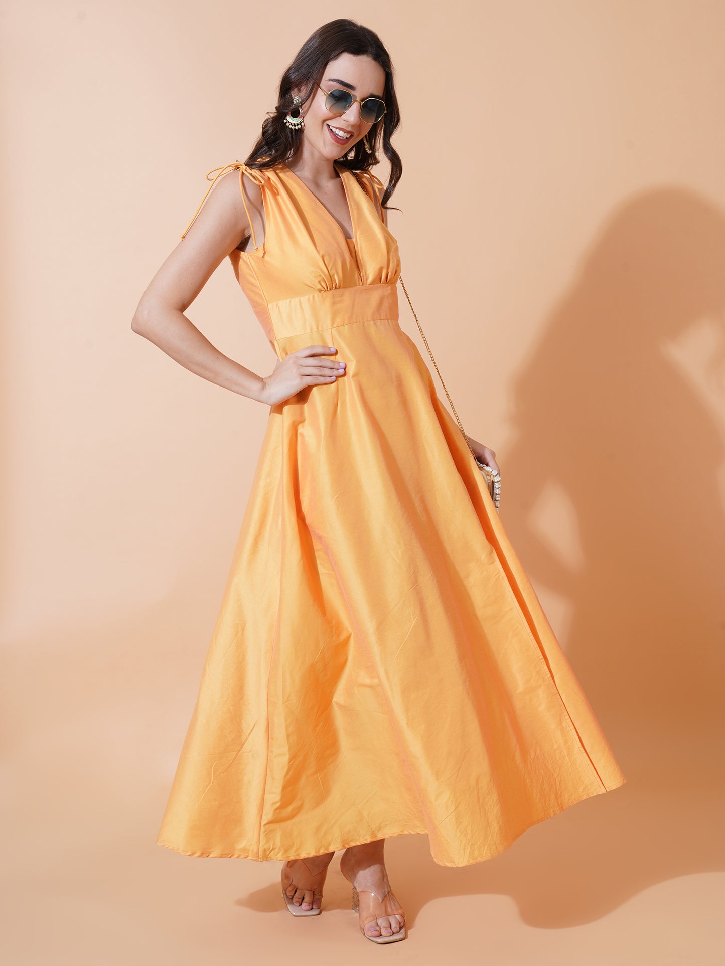 Women Yellow Solid Shoulder Ties V-Neck Dress