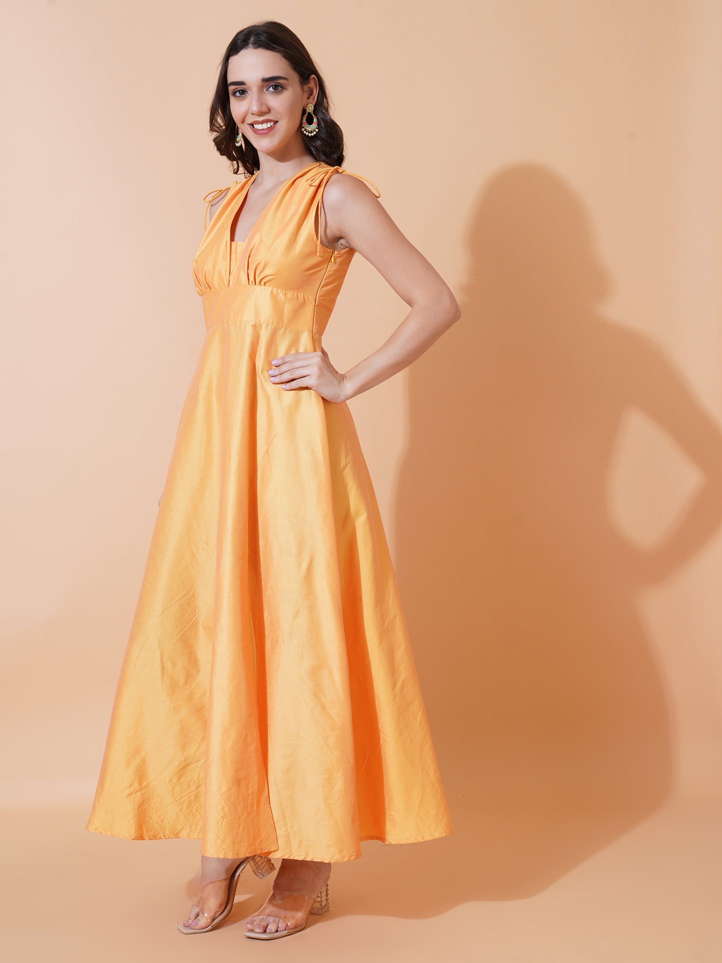 Women Yellow Solid Shoulder Ties V-Neck Dress