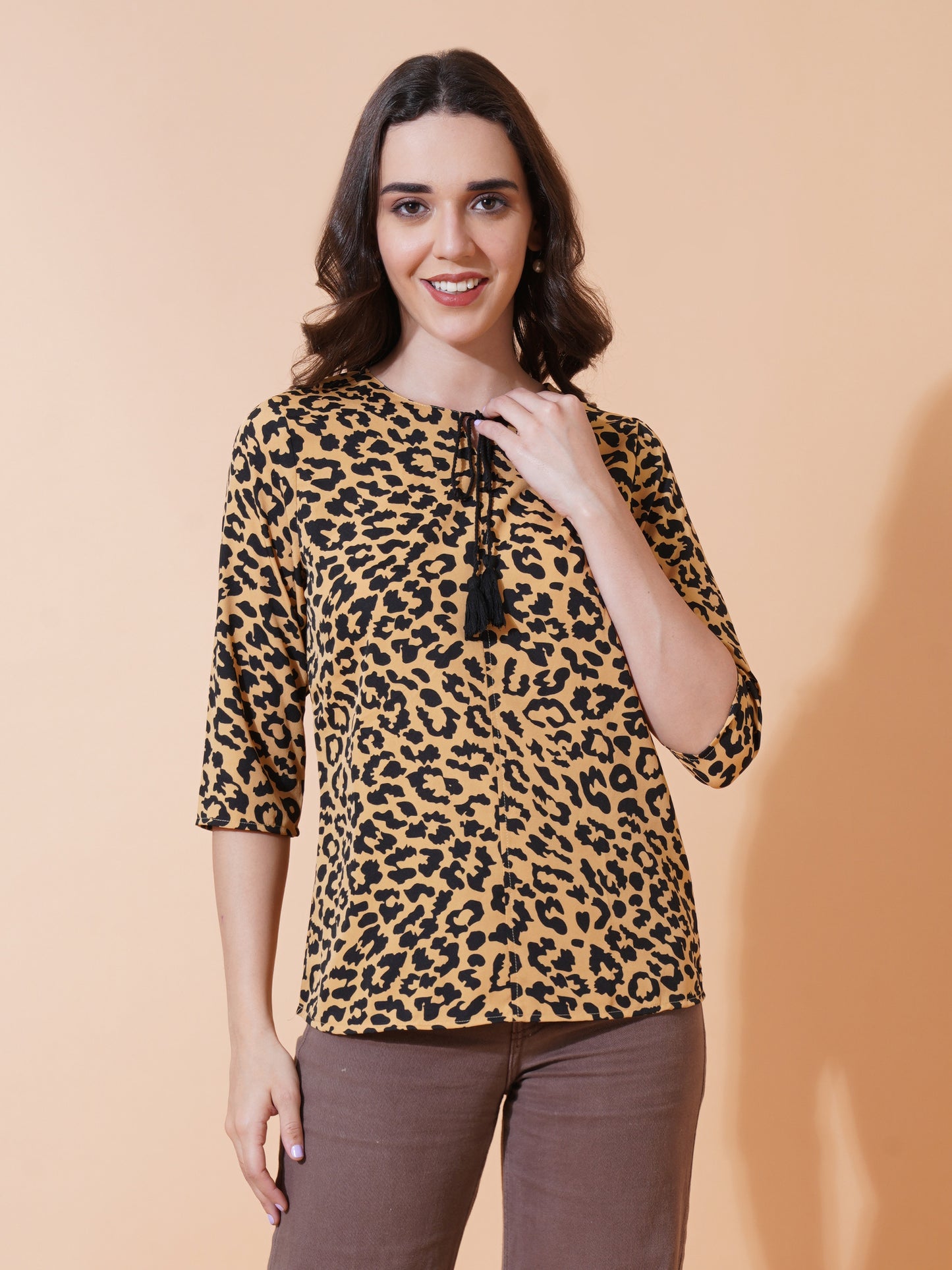 9 Impression Women Black & Yellow Animal Print Tie-Up Neck Top (S-36 in)